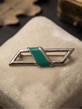 Vintage 80s Geometric Enamel Bar Brooch - Teal & Silver